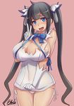  black_hair blue_eyes blue_ribbon breasts cleavage dungeon_ni_deai_wo_motomeru_no_wa_machigatteiru_darou_ka gloves heart heart-shaped_pupils hestia_(danmachi) huge_breasts long_hair panties pink_background pussy_juice qblade rei_no_himo ribbon side-tie_panties simple_background smile solo symbol-shaped_pupils twintails underwear wavy_mouth white_gloves 