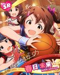  3girls akizuki_ryou antenna_hair basketball black_hair blue_eyes brown_hair character_name hair_ornament hairclip hidaka_ai holding idolmaster idolmaster_dearly_stars idolmaster_million_live! jumping kasuga_mirai mizutani_eri multiple_girls official_art open_mouth sparkle sportswear sweat sweatband sweatdrop wristband 