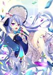  arm_up armpits blurry depth_of_field gem hat long_hair looking_at_viewer nyori open_mouth original purple_eyes silver_hair solo very_long_hair 