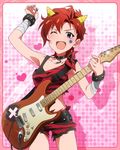  ;d arm_up armpits bandages blue_eyes bracelet card_(medium) choker crop_top electric_guitar fake_horns guitar horns idolmaster idolmaster_million_live! instrument jewelry julia_(idolmaster) looking_at_viewer midriff official_art one_eye_closed oni_horns open_mouth plectrum red_hair short_hair smile solo v-shaped_eyebrows 