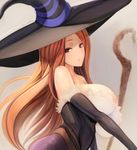  areolae bare_shoulders breasts brown_eyes brown_hair cleavage detached_sleeves dragon's_crown hat huge_breasts jajala long_hair looking_at_viewer raised_eyebrows see-through signature solo sorceress_(dragon's_crown) staff witch_hat 