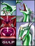  2003 anthro armor claws clothed clothing comic dialogue dragon duo ear_piercing english_text eyes_closed facial_piercing female green_scales hair holding horn human internal jewelry licking licking_lips looking_at_viewer male mammal markie open_mouth orange_eyes piercing purple_hair saliva scalie seductive size_difference slit_pupils swallowing teeth text tongue tongue_out vore 
