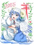  2015 animal_costume blue_eyes blue_hair blush cirno dress highres horns pillow pillow_hug sheep_costume sheep_horns short_hair tears touhou yamagata_hideto 