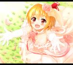  :d blonde_hair blush bridal_gauntlets bridal_veil cherry_blossoms dress flower hair_flower hair_ornament hair_ribbon incoming_hug letterboxed looking_at_viewer open_mouth outstretched_arms petals reaching_out red_eyes ribbon rose rumia shiron_(e1na1e2lu2ne3ru3) short_hair smile solo tareme touhou veil wedding_dress 