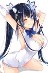  akit_(15jamjam) bad_id bad_pixiv_id black_hair blue_eyes blue_ribbon breasts cleavage dress dungeon_ni_deai_wo_motomeru_no_wa_machigatteiru_darou_ka gloves hair_ornament hair_ribbon hestia_(danmachi) highres large_breasts long_hair one_eye_closed rei_no_himo ribbon smile solo twintails white_dress 