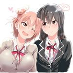  ;d black_hair blazer breasts cardigan jacket kurorettsu large_breasts long_hair multiple_girls one_eye_closed open_mouth orange_hair ribbon school_uniform smile speech_bubble spoken_blush yahari_ore_no_seishun_lovecome_wa_machigatteiru. yuigahama_yui yukinoshita_yukino yuri 