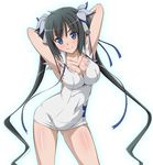  black_hair blue_eyes blue_ribbon breasts cleavage_cutout dress dungeon_ni_deai_wo_motomeru_no_wa_machigatteiru_darou_ka hal_(21) hestia_(danmachi) large_breasts long_hair rei_no_himo ribbon solo twintails white_dress 