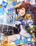  ;d band_uniform beamed_eighth_notes brown_eyes brown_hair card_(medium) character_name drill_hair drum drumsticks epaulettes hat idolmaster idolmaster_million_live! instrument looking_at_viewer multiple_girls musical_note official_art one_eye_closed open_mouth purple_eyes smile sparkle suou_momoko yokoyama_nao 