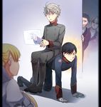  4boys aki_(neyuki41028) aldnoah.zero asseylum_vers_allusia cruhteo ghost harklight human_chair human_furniture multiple_boys peeking_out saazbaum sitting sitting_on_person slaine_troyard triangular_headpiece 