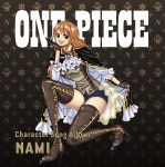  1girl album_cover black_cape boots brown_boots brown_eyes brown_gloves cape copyright_name cover gloves hand_on_own_face long_hair looking_at_viewer nami_(one_piece) official_art one_piece open-mouth_smile orange_hair short_shorts shorts thigh_boots thighhighs 