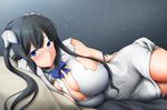  black_hair blue_eyes blue_ribbon blush bol_(liliymimi) breasts dress dungeon_ni_deai_wo_motomeru_no_wa_machigatteiru_darou_ka hestia_(danmachi) highres large_breasts long_hair looking_at_viewer lying on_side rei_no_himo ribbon smile solo twintails 