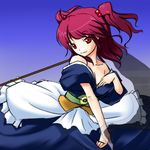  bare_shoulders hair_bobbles hair_ornament kyuu_you onozuka_komachi red_eyes red_hair short_hair solo touhou two_side_up 