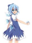  :d bad_id bad_pixiv_id blue_eyes blue_hair bow cirno dress hair_bow holding open_mouth ribbon short_hair simple_background smile solo touhou white_background wings yuzuha_(artist) 