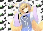  1girl :3 bad_id bad_pixiv_id blonde_hair breasts cat chen chen_(cat) covered_nipples fox_tail hat huge_breasts long_sleeves multiple_tails shirt short_hair solo tail tanaka_ginji taut_clothes taut_shirt touhou yakumo_ran yellow_eyes 