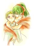  1girl blush brother_and_sister corpul_(fire_emblem) fire_emblem fire_emblem:_seisen_no_keifu green_eyes green_hair hug leen_(fire_emblem) lowres ponytail ribbon rupa_(tororo) short_hair siblings 