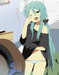  alternate_hairstyle aqua_hair bare_shoulders figure groin hatsune_miku kl long_hair lowleg lowleg_panties megurine_luka messy_hair no_pants off_shoulder one_eye_closed open_mouth panties ponytail poster_(object) scratching sleepy striped striped_panties takoluka underwear very_long_hair vocaloid yawning 