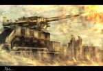  cannon copyright_request dust firing letterboxed military no_humans railway_gun signature smoke weapon 