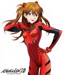  :d bangs blue_eyes bodysuit bracer breasts brown_hair copyright_name cowboy_shot english evangelion:_2.0_you_can_(not)_advance gloves hair_between_eyes hair_ornament hand_on_hip hand_on_own_chest happy logo long_hair neon_genesis_evangelion number official_art open_mouth pilot_suit plugsuit rebuild_of_evangelion shikinami_asuka_langley simple_background skinny small_breasts smile solo souryuu_asuka_langley turtleneck two_side_up white_background 