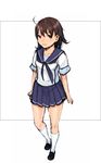  ahoge anegasaki_nene arms_at_sides bangs black_footwear black_hair blue_shirt blue_skirt breasts clenched_hand closed_mouth frame full_body kneehighs light_smile lips loafers love_plus miniskirt mole mole_under_eye neckerchief pleated_skirt red_eyes school_uniform serafuku shiohara_shin'ichi shirt shoes short_sleeves simple_background skirt small_breasts smile solo standing white_background white_shirt 