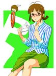  akizuki_ritsuko antenna_hair bad_id bad_pixiv_id blush bra braid brown_eyes brown_hair buruma collarbone curvy fan fanning_self frown glasses highres hot idolmaster idolmaster_(classic) lingerie multiple_girls nonowa nose_blush open_clothes open_collar open_shirt shirt sidelocks sitting skirt striped striped_shirt sweatdrop thesale twin_braids underwear untucked vertical-striped_shirt vertical_stripes 