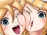  1girl blonde_hair brother_and_sister cheek-to-cheek close-up face hair_ornament hairclip kagamine_len kagamine_rin mameshiba one_eye_closed open_mouth sexually_suggestive short_hair siblings smile twins vocaloid 