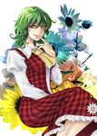  ascot finger_to_mouth floral_background flower green_hair isshi_(poppo) kazami_yuuka lips plaid plaid_skirt plaid_vest red_eyes short_hair sitting skirt skirt_set smile solo sunflower touhou vest 