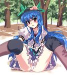  blue_hair blush boots food forest fruit grune hat hinanawi_tenshi long_hair looking_at_viewer nature oekaki panties peach red_eyes sitting solo spread_legs thighhighs touhou tree tree_shade underwear 