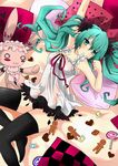  aqua_hair armpits arms_up candy cookie food gingerbread gingerbread_cookie hair_ribbon hatsune_miku heart killyoh lollipop long_hair lying on_back pillow ribbon skirt solo stuffed_animal stuffed_bunny stuffed_toy swirl_lollipop thighhighs twintails very_long_hair vocaloid world_is_mine_(vocaloid) zettai_ryouiki 