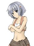  alternate_skin_color bad_id bad_pixiv_id bandeau bare_shoulders black_eyes black_hair crossed_arms fushigi_no_umi_no_nadia hair_ornament hairclip highres midriff naco_(09297317) nadia short_hair solo strapless tubetop vest 