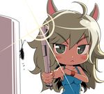  :&lt; ahoge alpaca-san alpaca_ears animal_ears blush_stickers breasts bug chibi cockroach green_eyes insect kotatsu_(kotatsu3) medium_breasts newspaper original parody suzuki_ichirou tank_top white_hair wristband 