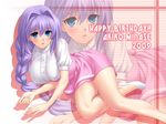  anna_miller blue_eyes blush braid breasts covered_nipples hair_intakes highres kanon large_breasts long_hair lying mature minase_akiko on_side parted_lips purple_hair shiny shiny_skin shirt solo taut_clothes taut_shirt waitress zen zoom_layer 