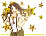  bad_id bad_pixiv_id brown_hair buzz camera eyewear_hang glasses green_eyes hat original shirt solo star suspenders v yellow_eyes 