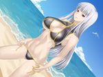  beach bikini bikini_pull breasts cleavage cleavage_cutout cloud day large_breasts legs long_hair ocean outdoors pulled_by_self red_eyes selvaria_bles senjou_no_valkyria senjou_no_valkyria_1 side-tie_bikini silver_hair sky solo swimsuit thighs tonbidou underboob water 