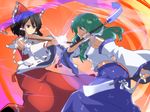  akatoro_(nightlord) battle bow brown_eyes brown_hair detached_sleeves dual_wielding duel frog gohei green_hair hair_ornament hakurei_reimu holding kochiya_sanae multiple_girls ribbon snake touhou yellow_eyes 