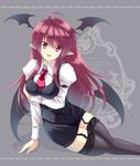  arm_support bat_wings breast_hold breasts demon_girl garter_straps head_wings koakuma large_breasts long_hair necktie pencil_skirt pointy_ears red_hair sitting skirt smile solo thighhighs touhou touya_(the-moon) wings yokozuwari 