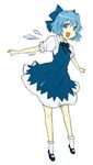  artist_request blue_eyes blue_hair bow cirno dress hair_bow lowres mary_janes open_mouth outstretched_arms ribbon shoes short_hair smile socks solo spread_arms tiptoes touhou white_legwear wings 
