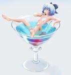  ao_usagi barefoot bikini blue_eyes bow cherry cirno cup feet flat_chest food fruit hair_bow in_container in_cup legs minigirl mundane_utility popsicle short_hair solo swimsuit touhou watermelon_bar 