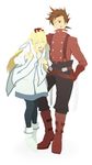  1girl bad_id bad_pixiv_id blonde_hair blue_eyes boots brown_eyes brown_hair collet_brunel couple gloves hetero knee_boots legs lloyd_irving long_hair pantyhose petting red_shirt shirt smile tales_of_(series) tales_of_symphonia tonyachi 