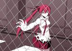  alternate_color chain-link_fence fence hair_ribbon hands hatsune_miku long_hair looking_through_fence mikaze_takashi necktie pale_skin red_eyes red_hair ribbon skirt solo twintails usotsuki_no_parade_(vocaloid) vocaloid 