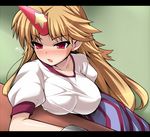  blonde_hair blush breast_rest breasts drunk horn hoshiguma_yuugi katami_shinta large_breasts letterboxed oni red_eyes solo touhou 