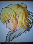  blonde_hair green_eyes half_updo kyuu_you marker_(medium) millipen_(medium) mizuhashi_parsee pointy_ears scarf shikishi short_hair solo touhou traditional_media upper_body 