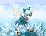  bent_over blue_eyes blue_hair bow cirno dress hair_bow ice outstretched_arms seisetu short_hair solo spread_arms touhou water wings 