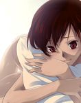  bad_id bad_pixiv_id brown_hair face hands nude original pillow pillow_hug red_eyes short_hair solo zpolice 