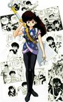  bow brown_hair collage_background full_body hair_bow holding_spatula kuonji_ukyou long_hair monochrome_background oversized_object ranma_1/2 solo_focus spatula standing weapon weapon_on_back 