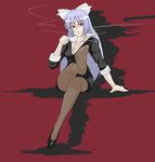  alternate_costume bow cigarette contemporary crossed_legs feet fujiwara_no_mokou hair_bow hair_ribbon long_hair mhfaria pantyhose pencil_skirt red_eyes ribbon shoes silver_hair single_shoe sitting skirt smoking solo touhou 