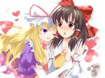  blonde_hair blush brown_hair detached_sleeves elbow_gloves gap gloves hakurei_reimu hat heart multiple_girls one_eye_closed ribbon touhou white_gloves yakumo_yukari yatomi yuri 