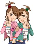  arm_hug brown_hair flat_chest futami_ami futami_mami hood hoodie idolmaster idolmaster_(classic) multiple_girls one_eye_closed shimamura_miwa short_hair siblings side_ponytail sisters twins v 