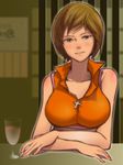  alcohol breasts brown_eyes brown_hair cross large_breasts meiko nippori_honsha short_hair solo vocaloid wine 