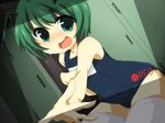  antennae bad_id bad_pixiv_id blush dehihi dutch_angle embarrassed green_eyes green_hair locker locker_room one-piece_swimsuit recording school_swimsuit short_hair solo swimsuit thighhighs touhou white_legwear wriggle_nightbug 