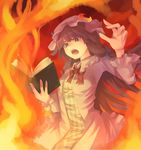  book fire hand_up hands hat highres hitoto long_hair open_book open_mouth patchouli_knowledge purple_eyes purple_hair ribbon solo touhou 